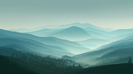 Layered mountain landscape with rolling hills and stylized mist for wallpaper