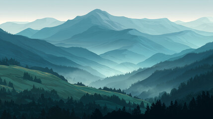 Layered mountain landscape with rolling hills and stylized mist for wallpaper