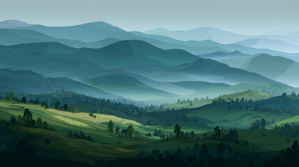 Layered mountain landscape with rolling hills and stylized mist for wallpaper
