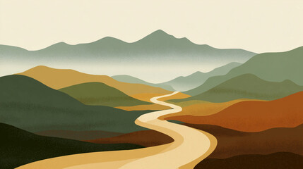 Vector art of winding hiking trail leading up a stylized mountain, green and brown earth tones