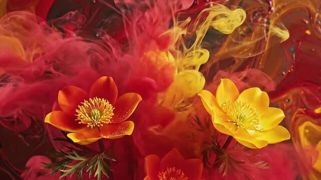 Red bloom. Vapor texture. Defocused crimson color smoke paint water yellow creative doronicum on abstract art acrylic nature background