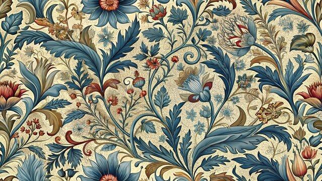 Vintage floral pattern design featuring intricate flowers and leaves with classic color palette highly detailed design with elements of traditional artistic expression
