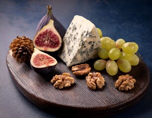 artisan blue cheese wedge with figs walnuts and grapes delicious dairy product