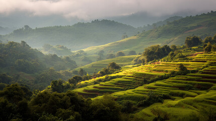 Lush green step rice terraces (Pa Pong Piang) in Chiang Mai with fog rolling over the fields for wallpaper