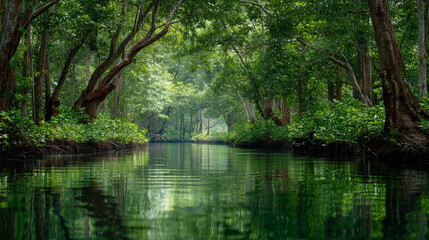 Mangrove Forest Waterway with calm water canal winding through a lush green mangrove forest in Krabi