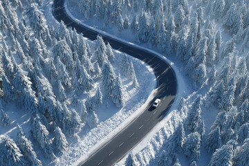 A winding road snakes through a wintry forest blanketed in snow, showcasing a lone vehicle navigating the snowy landscape.