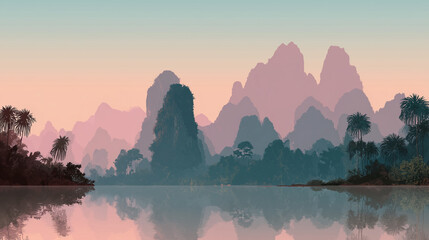 Vector art of layered silhouette of Khao Sok karsts mountain for wallpaper