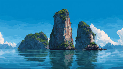 Minimalist illustration of towering limestone karsts in a blue bay for wallpaper