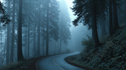 Morning fog obscuring a winding road through a tall forest