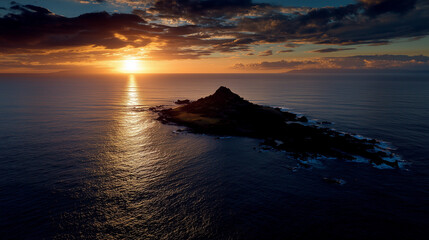 Aerial shot of coastal of small island during brilliant sunset