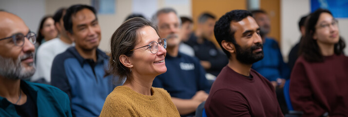 Fototapeta premium A diverse group of individuals attentively engages at a community gathering, showcasing a sense of connection and shared interest, fostering inclusiveness and collaboration.