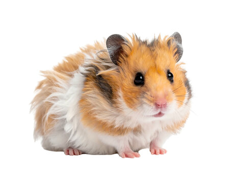 A fluffy hamster with golden, white, and brown fur sits against a black background, looking directly forward
