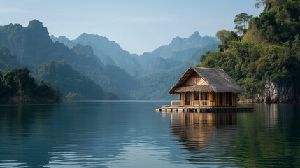 Small floating raft house hut on lake surrounded by calm water and mountains