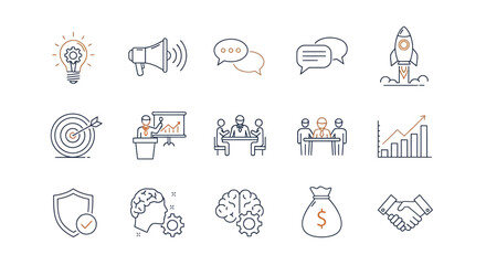 Fototapeta premium Hand-drawn business and startup icon set in a minimalist thin line art doodle style, representing growth, strategy, and teamwork.