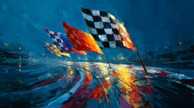 A race track is depicted with waves of blue and red colors creating a feeling of speed. Checkered flags are prominent suggesting competition and excitement during a dynamic race event.