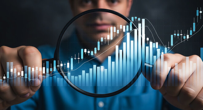 Man holding magnifying glass over blue financial stock market graph image - Powered by Adobe