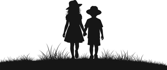 Silhouette of boy and girl holding hands standing on grass hill, childhood friendship and innocence concept art, CAD drawing flat vector illustration