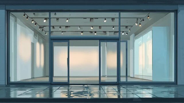 Modern storefront exterior with glass windows and interior spotlights