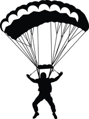 Parachuting person silhouette flying in sky with open parachute, extreme adventure sport concept illustration, CAD drawing flat vector illustration