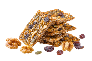 Stack of healthy homemade granola bars with nuts and dried fruit isolated on transparent background
