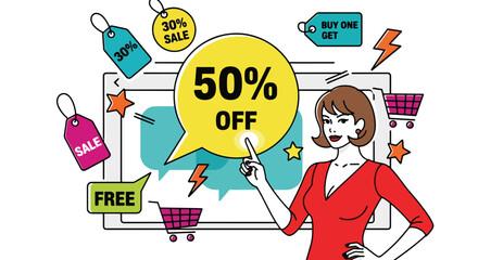 Flat vector shopper tapping giant discount button on ecommerce interface, surrounded by price tags and sale icons. Solid pastel design, ideal for flash sale banners and promo campaigns