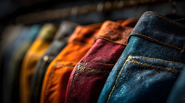 Jeans are displayed on a shop shelf hyper realistic fabric textures with clear details moody shadows on the display bright saturation in clothing colors retail clothing jeans