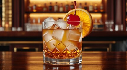  Old fashioned bourbon drink with a citrus twist of freshly squeezed orange peel, garnished with a vibrant red cherry and served over shimmering ice cubes that sparkle like diamonds,