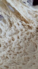 Abstract texture of a stretched bread dough, showing the intricate, web-like gluten network. Macro of the baking process.