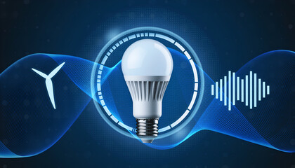 Abstract blue digital wave background with illuminated LED lightbulb centered in a futuristic circular interface featuring wind turbine and sound wave icons symbolizing renewable energy and smart