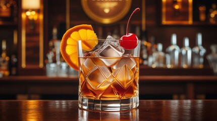  Old fashioned bourbon drink with a citrus twist of freshly squeezed orange peel, garnished with a vibrant red cherry and served over shimmering ice cubes that sparkle like diamonds,