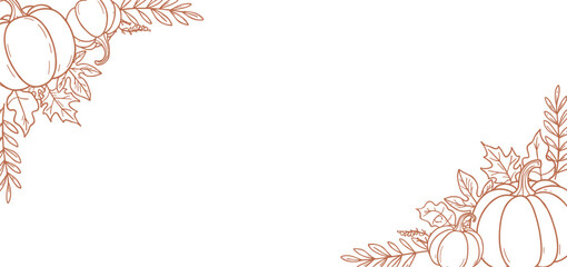 Autumn border with pumpkins, leaves, sprigs, rustic design, seasonal frame, Thanksgiving decoration, fall illustration, harvest theme, monochrome sketch, festive corner elements, nature art