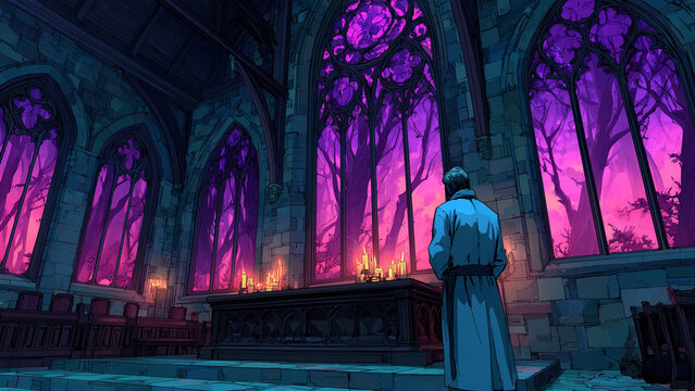 A exorcist priest performs a ritual in a possessed church as demonic entities swirl around stained glass windows generative ai 