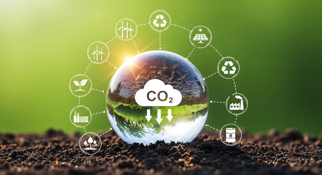 Go green with crystal ball showing carbon dioxide reduction for a sustainable future - Powered by Adobe