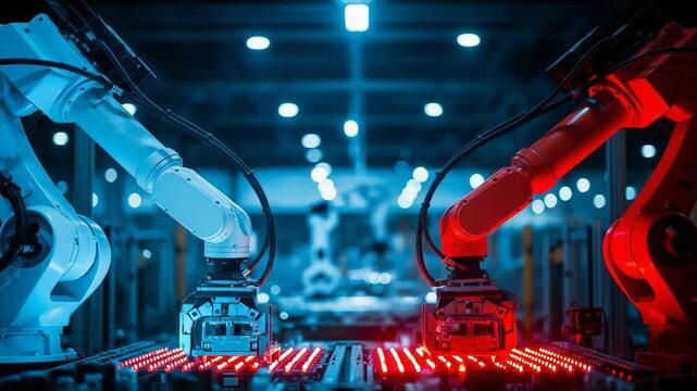 Automated robotic arms working in a futuristic factory assembly line