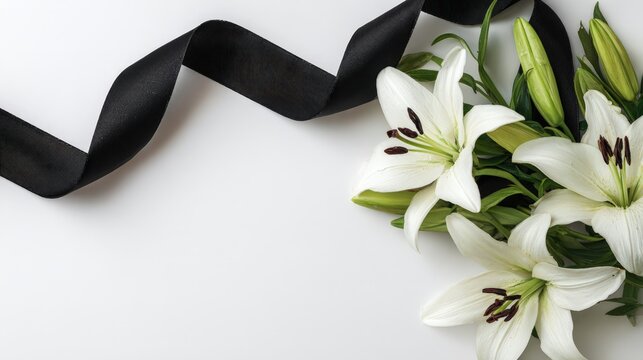 Beautiful lily flowers and black funeral ribbon on white background with space for text.