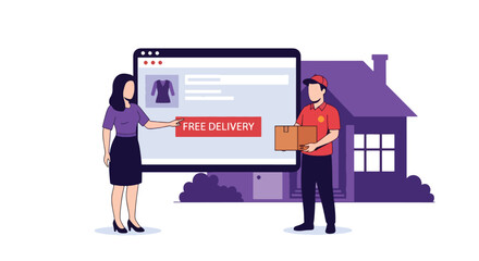 Woman receiving a package from a delivery courier with an online fashion store interface. Illustrates free delivery, e-commerce, home shopping, and logistics