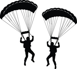 Parachute Jump Silhouette, Skydiving Duo, Airborne Action, Paratroopers, Adventure Sport, Flat Vector Illustration, CAD Drawing for Creative Projects