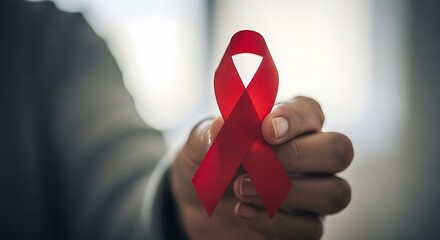 Hand holding a red ribbon, symbol of hiv and aids awareness