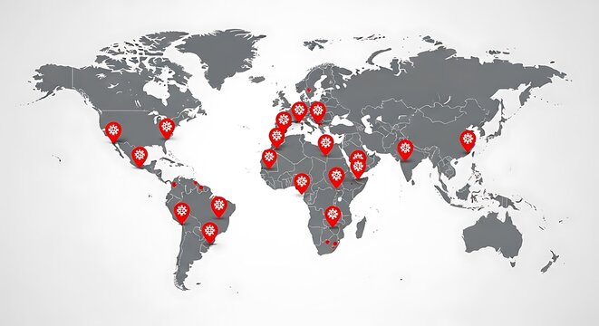 World map with red location pins showing global distribution - Powered by Adobe