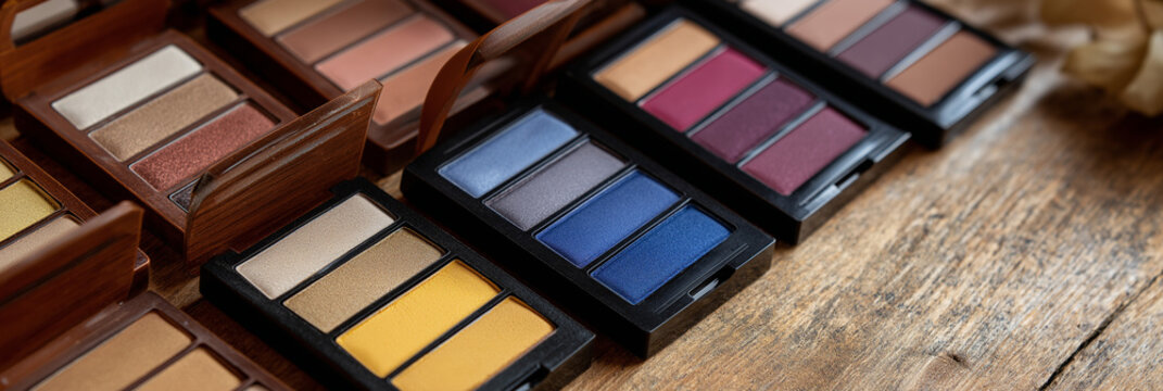 The image captures an artistic arrangement of makeup palettes featuring a variety of colors, showcasing beauty products that appeal to makeup enthusiasts and artists alike.