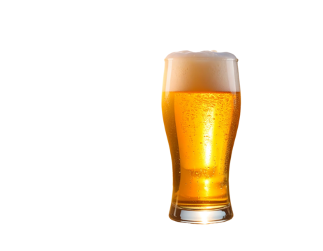 A glass of frothy, light amber beer sits against a stark black backdrop, lit to show condensation - Powered by Adobe