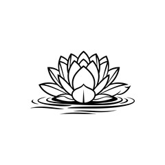 Black and white line art illustration of a lotus flower floating on water