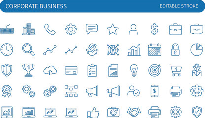 54 corporate business icons, editable stroke, office tools, finance, communication, achievement, analytics, logistics, vector illustration, professional concept