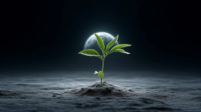 Tiny green sapling emerging from the desolate lunar terrain, symbolizing life, optimism, and fresh starts, with the Earth seen in the distance