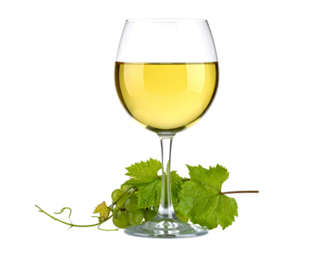 A glass of golden liquid sits before grape leaves and green grapes against a black background - Powered by Adobe