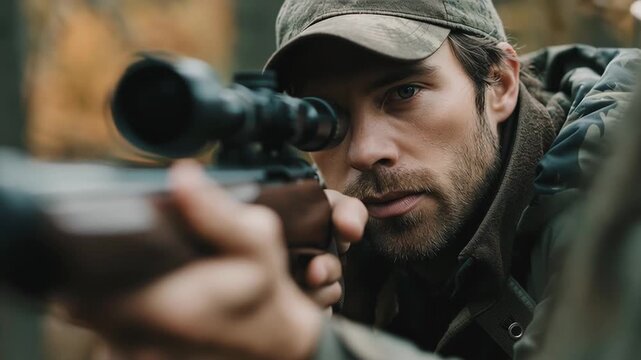 Focused hunter taking aim with a high quality rifle fitted with a precision optic. A determined individual in camouflage zeroing in on a target in the forest