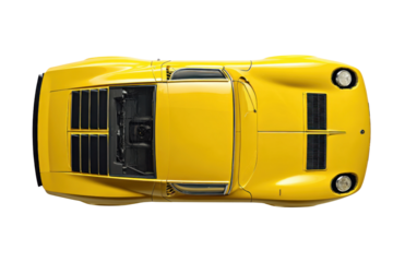 Golden Velocity: A vibrant yellow classic sports car, captured from a top-down perspective, highlighting its sleek design and timeless elegance.