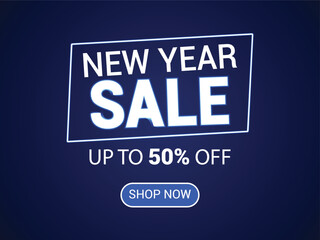 New year sale up to 50 off with shop now button on blue
