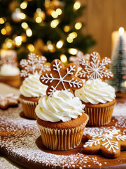 Delicious holiday cupcakes topped with gingerbread cookies and frosting on a festive table