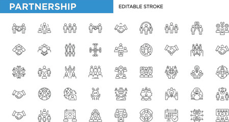 50 partnership icons, black line style, teamwork, collaboration, agreement, business relationship, editable stroke, vector illustration, professional concept, cooperation tools